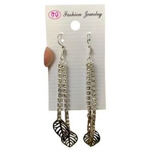 Fashion Jewelry Rhinestone Dangle Earrings‎ Leaf Charm Silver Tone